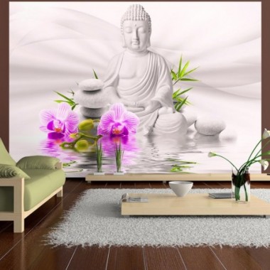 Fotomurale adesivo - Buddha e rosa orchidee - 343x245