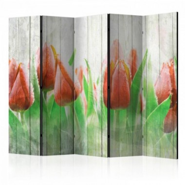 Paravento - Red tulips on wood II [Room Dividers] -...