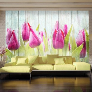 Fotomurale - Tulipani su un legno bianco - 400x280
