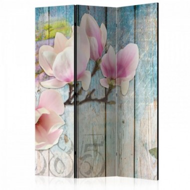 Paravento - Pink Flowers on Wood [Room Dividers] -...