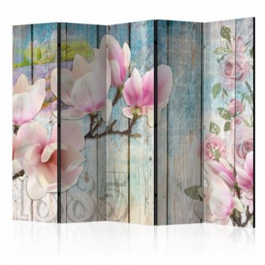 Paravento - Pink Flowers on Wood II [Room Dividers]...