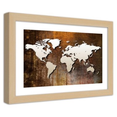 Quadro con cornice, Mappa del mondo su legno - 30x20