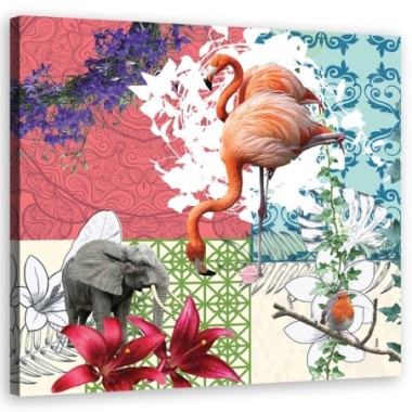 Quadro su tela, Flamingo Elephant Bird Collage - 30x30