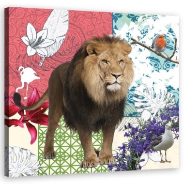 Quadro su tela, Collage di leone e uccelli - 30x30