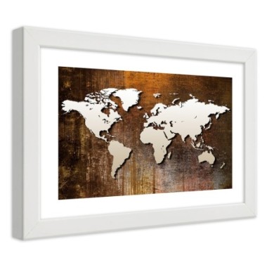 Quadro con cornice, Mappa del mondo su legno - 45x30