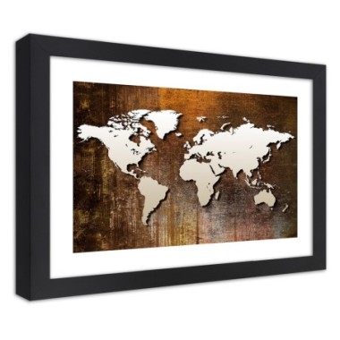 Quadro con cornice, Mappa del mondo su legno - 45x30