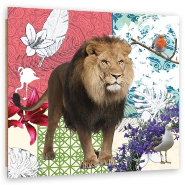 Quadro deco panel, Collage di leone e uccelli - 30x30