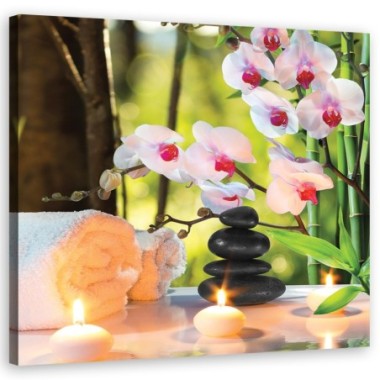 Quadro su tela, Candele spa e fiori di orchidea - 50x50
