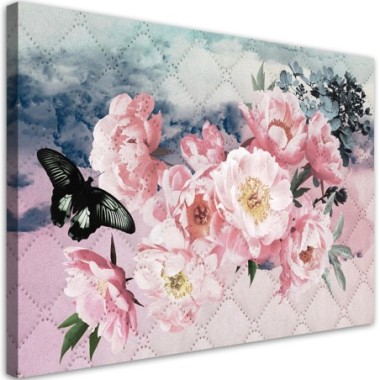 Quadro su tela, Fiori rosa e una farfalla nera - 60x40