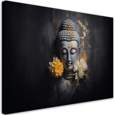 Canvas print, Grey Buddha and flowers - 60x40