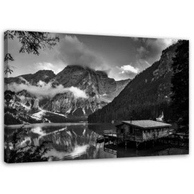 Quadro su tela, Capanna in un lago di montagna Alpi...
