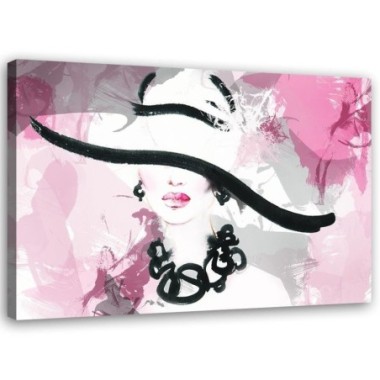 Quadro su tela, Donna con cappello rosa - 60x40