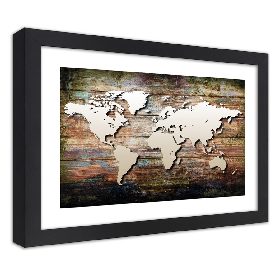 Quadro con cornice, Mappa del mondo su tavole antiche - 60x40