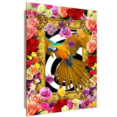 Quadro deco panel, Pappagallo e rose colorate - 40x60