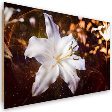 Quadro deco panel, Lily bianco su uno sfondo marrone...