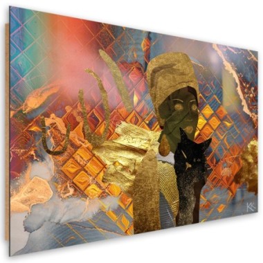 Quadro deco panel, Donna africana e un gatto nero -...