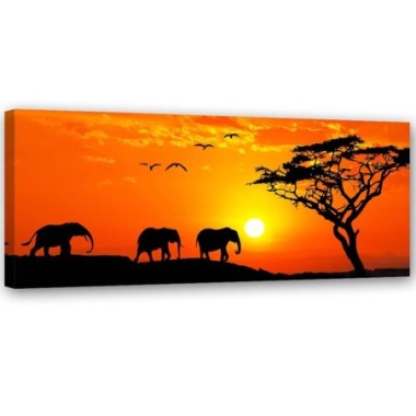 Quadro su tela, Africa tramonto elefanti - 90x30