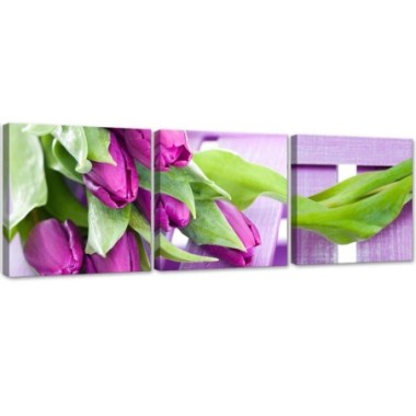 Quadro su tela 3 pezzi Fiori di tulipani rosa - 120x40