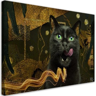 Quadro su tela, Abstrazione d'oro del gatto nero -...
