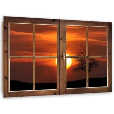 Quadro deco panel, Finestra - sole al tramonto - 90x60