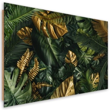 Quadro deco panel, Foglie tropicali dorate - 90x60