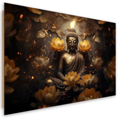 Deco panel picture, Golden Buddha and lotus flowers...
