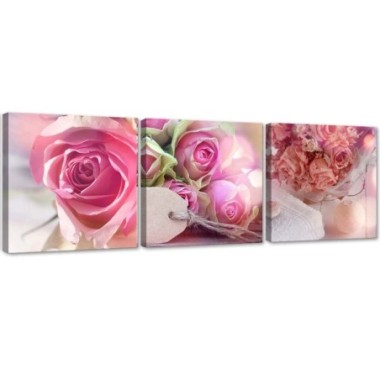 Stampa su tela 3 parti, 3 rose rosa - 120x40