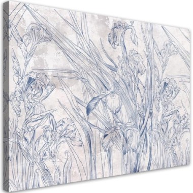 Quadro su tela, Contorni blu di fiori - 90x60