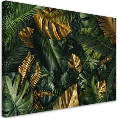 Quadro su tela, Foglie tropicali dorate - 90x60