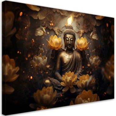 Canvas print, Golden Buddha and lotus flowers - 90x60