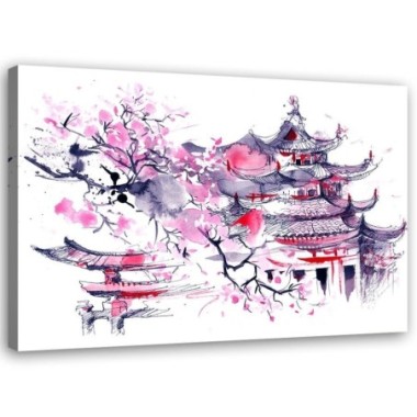 Quadro su tela, Pagoda Ciliegio Giappone dipinto -...