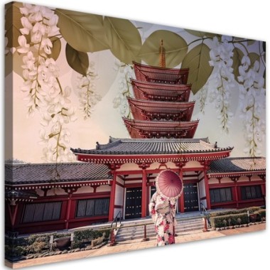 Quadro su tela, Geisha e tempio giapponese - 100x70