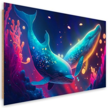 Deco panel print, Neon whales underwater - 100x70