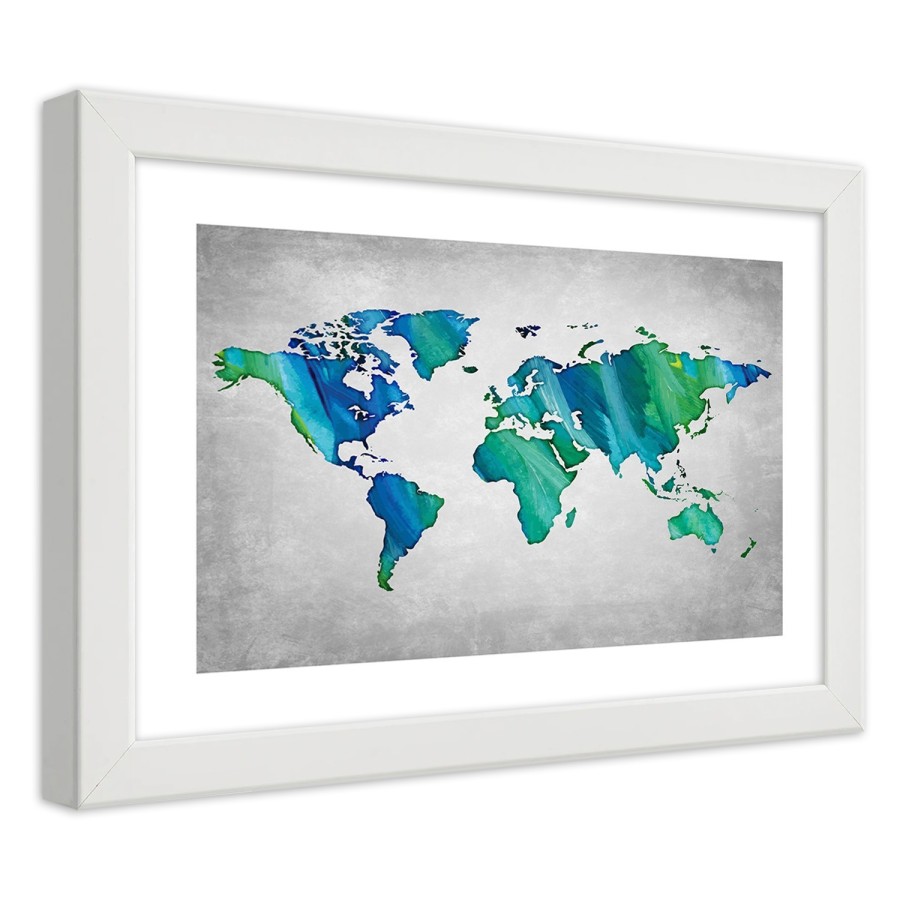 Quadro con cornice, Mappa del mondo colorata su cemento - 100x70