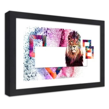 Quadro con cornice, Leone con criniera colorata -...