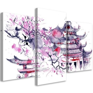 Stampa su tela 3 parti, Pagoda giapponese dipinta e...