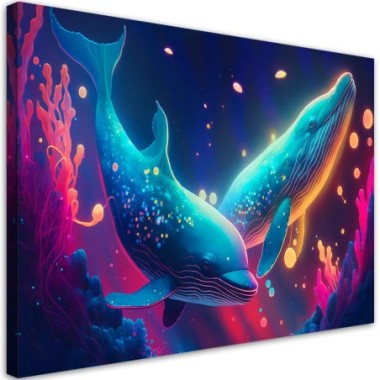 Quadro su tela, Balene al neon sott'acqua - 90x60