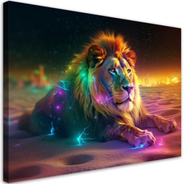 Quadro su tela, Animale Ai Leone Astrazione Neon -...