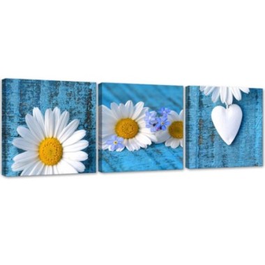 Quadro su tela 3 pezzi Margherite e cuore blu - 150x50