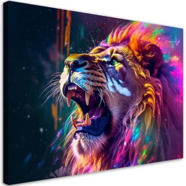 Quadro su tela, Leone ruggito astrazione neon - 100x70
