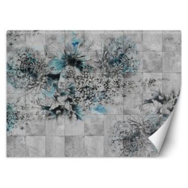 Carta Da Parati, Fiori acquerello su sfondo grigio -...