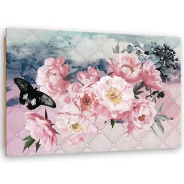 Quadro deco panel, Fiori rosa e una farfalla nera -...