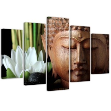 Stampa su tela 5 parti, Buddha e fiore bianco - 100x70
