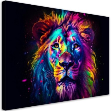Quadro su tela, Ritratto di leone al neon colorato...