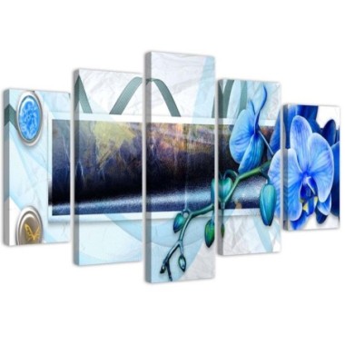 Quadro su tela 5 paneli Astratto di orchidea blu -...