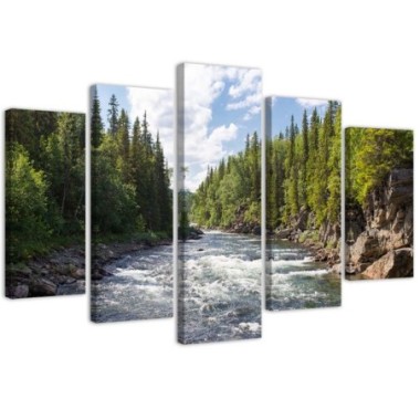 Quadro su tela 5 paneli Foresta Fiume Verde Natura -...