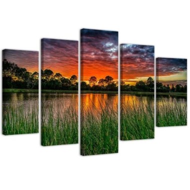 Quadro su tela 5 paneli Lago del tramonto - 100x70