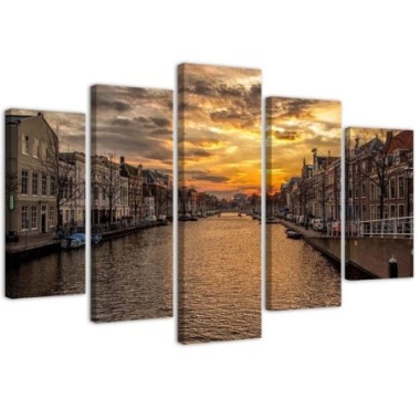 Quadro su tela 5 paneli Amsterdam cittÃ  fluviale -...