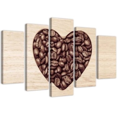 Stampa su tela 5 parti, Cuore di chicchi di caffÃ¨ -...
