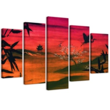 Quadro su tela 5 paneli Paesaggio rosso giapponese -...